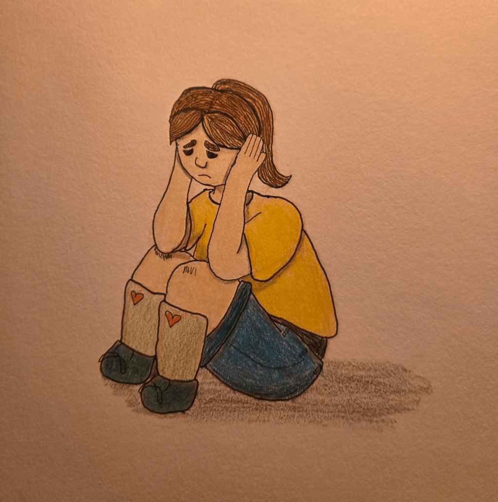A drawing of a girl with her knees pulled to her chest and her hands over her ears. She appears to be in distress.